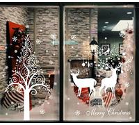 Heekpek Large White Christmas Tree Reindeer Door Cover Window Stickers Removable Murals Snowflakes Window Stickers Clings Home Store Shop Window Door Decorations Display