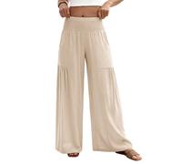 heekpek Linen Trousers Womens Summer Wide Leg Baggy Lounge Pants Pleated Elasticated Waist Comfy Lightweight Beach Trousers with Pocket, Apricot, XL
