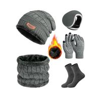 heekpek Mens Hat Scarf Glovers Set Unisex 5PCS Winter Set in Gift Box Fleece Lining Knitted Beanie Hat Earmuffs Neck Warmer Knit Gloves Thermal Socks Gift Set for Skiing Hiking Driving, Grey