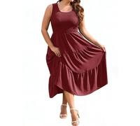 heekpek Plus Size Summer Dresses for Women Sleeveless Vest Dresses Midi Elegant U Neck Ruched Front Beach Dress Flowy Summer Dress with Pockets, Burgundy, XXL