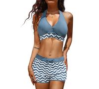 heekpek Tankini Sets for Women with Shorts Two Pieces Swimsuit Halter Neck Bikini Sets Swimsuit Two Pieces Swimwear Plus Size Push Up Padded Bikini Print Bikini, Haze Blue, L