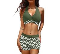 heekpek Tankini Sets for Women with Shorts Two Pieces Swimsuit Halter Neck Bikini Sets Swimsuit Two Pieces Swimwear Plus Size Push Up Padded Bikini Print Bikini, Army Green, XXL