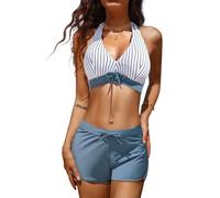 heekpek Tankini Sets for Women with Shorts Two Pieces Swimsuit Halter Neck Bikini Sets Swimsuit Two Pieces Swimwear Plus Size Push Up Padded Bikini Print Bikini, Striped Haze Blue, XL