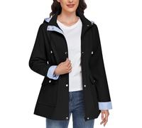 heekpek Waterproof Jacket for Women UK Long Lightweight Striped Rain Coat Windbreaker Hooded Windproof Breathable Softshell Jackets Outdoor Trench Coat for Spring Autumn with Pockets(Black, L)