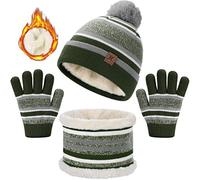 heekpek Winter Beanie Hat Scarf Gloves Set 3 in 1 Thermal Knitted Pompom Stripe Snood Scarf Gloves Set with Double Layer Fleece Lining for Kids Boys Girls 2-7 Year Old(Army Green)
