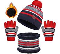 heekpek Winter Beanie Hat Scarf Gloves Set 3 in 1 Thermal Knitted Pompom Stripe Snood Scarf Gloves Set with Double Layer Fleece Lining for Kids Boys Girls 2-7 Year Old(Red)