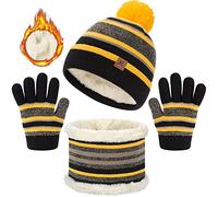 heekpek Winter Beanie Hat Scarf Gloves Set 3 in 1 Thermal Knitted Pompom Stripe Snood Scarf Gloves Set with Double Layer Fleece Lining for Kids Boys Girls 2-7 Year Old(Yellow)