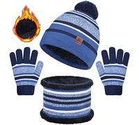 heekpek Winter Beanie Hat Scarf Gloves Set 3 in 1 Thermal Knitted Pompom Stripe Snood Scarf Gloves Set with Double Layer Fleece Lining for Kids Boys Girls 2-7 Year Old(Blue)