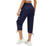 heekpek Women Cropped Trousers 3/4 Length Cargo Trousers Casual Capri Pants Outdoor Trousers Summer Sweatpants Ladies Joggers with 6 Pockets for Hiking Workout Camping Walking, Navy Blue, XXL