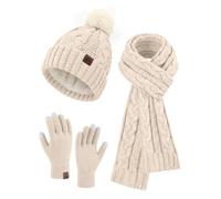 HEEKPEK Women Winter Hat Scarf Gloves Set 3 in 1 Cold Weather | Fleece-Lined Bobble Hat, Long Cable Knit Scarf, 3-Finger Touchscreen Gloves, Christmas Gift Box for Ladies