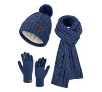 HEEKPEK Women Winter Hat Scarf Gloves Set 3 in 1 Cold Weather | Fleece-Lined Bobble Hat, Long Cable Knit Scarf, 3-Finger Touchscreen Gloves, Christmas Gift Box for Ladies