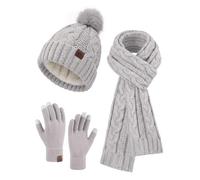 HEEKPEK Women Winter Hat Scarf Gloves Set 3 in 1 Cold Weather | Fleece-Lined Bobble Hat, Long Cable Knit Scarf, 3-Finger Touchscreen Gloves, Christmas Gift Box for Ladies