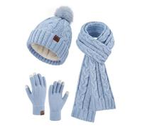 HEEKPEK Women Winter Hat Scarf Gloves Set 3 in 1 Cold Weather | Fleece-Lined Bobble Hat, Long Cable Knit Scarf, 3-Finger Touchscreen Gloves, Christmas Gift Box for Ladies