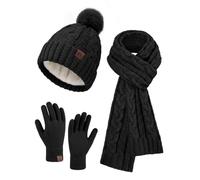HEEKPEK Women Winter Hat Scarf Gloves Set 3 in 1 Cold Weather | Fleece-Lined Bobble Hat, Long Cable Knit Scarf, 3-Finger Touchscreen Gloves, Christmas Gift Box for Ladies