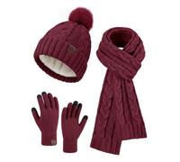 HEEKPEK Women Winter Hat Scarf Gloves Set 3 in 1 Cold Weather | Fleece-Lined Bobble Hat, Long Cable Knit Scarf, 3-Finger Touchscreen Gloves, Christmas Gift Box for Ladies