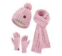 HEEKPEK Women Winter Hat Scarf Gloves Set 3 in 1 Cold Weather | Fleece-Lined Bobble Hat, Long Cable Knit Scarf, 3-Finger Touchscreen Gloves, Christmas Gift Box for Ladies