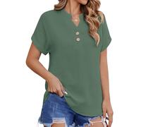 HEEKPEK Womens Blouse Summer Cotton Short Sleeve Shirts Casual V Neck Button Down Tee Shirt Ladies Elegant Blouse Basic Loose Tunic Tops(Lake Green,M)