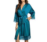heekpek Womens Dressing Gown Satin Kimono Robe Lace Trim Bathrobe Nightgown Sexy Nightdress Nightwear Bridesmaid Robes, blue, Size L