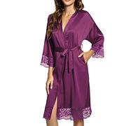 heekpek Womens Dressing Gown Satin Kimono Robe Lace Trim Bathrobe Nightgown Sexy Nightdress Nightwear Bridesmaid Robes, purple, Size S