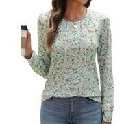 heekpek Womens Long Sleeve T Shirts Crew Neck Pleated Tops Casual Basic T-Shirt Floral Printed Tunic Tops for Spring Autumn Summer, Light Green Flowers, S