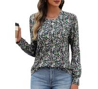 heekpek Womens Long Sleeve T Shirts Crew Neck Pleated Tops Casual Basic T-Shirt Floral Printed Tunic Tops for Spring Autumn Summer, Dark Green Flowers, S