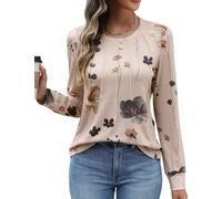 heekpek Womens Long Sleeve T Shirts Crew Neck Pleated Tops Casual Basic T-Shirt Floral Printed Tunic Tops for Spring Autumn Summer, Brown Flowers, XXL
