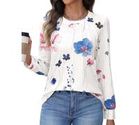 heekpek Womens Long Sleeve T Shirts Crew Neck Pleated Tops Casual Basic T-Shirt Floral Printed Tunic Tops for Spring Autumn Summer, White Flowers, XXL