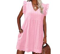 heekpek Womens Summer Dress Casual V Neckline Ruffle Sleeve Loose Sleeveless Dress Boho Floral Sundress Beach Mini Short Dresses for Holiday Daily, Lightpink, M