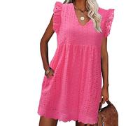 heekpek Womens Summer Dress Casual V Neckline Ruffle Sleeve Loose Sleeveless Dress Boho Floral Sundress Beach Mini Short Dresses for Holiday Daily, Pink, M