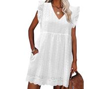 heekpek Womens Summer Dress Casual V Neckline Ruffle Sleeve Loose Sleeveless Dress Boho Floral Sundress Beach Mini Short Dresses for Holiday Daily, White, M