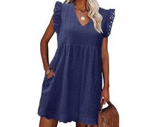 heekpek Womens Summer Dress Casual V Neckline Ruffle Sleeve Loose Sleeveless Dress Boho Floral Sundress Beach Mini Short Dresses for Holiday Daily, Navy Blue, L
