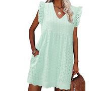 heekpek Womens Summer Dress Casual V Neckline Ruffle Sleeve Loose Sleeveless Dress Boho Floral Sundress Beach Mini Short Dresses for Holiday Daily, Green, M