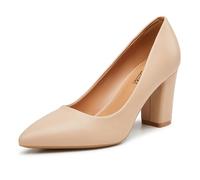 Heel The World Women's High Chunky Block Closed Toe Heels,Slip On Pointed Toe Work Dress Office Wedding Party Pumps Shoes, Nude Pu, 4 UK