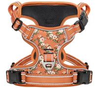 HEELE Dog Harness No Pull Release on Neck Reflective Adjustable Dog Harness with Front Back 2 Leash Attachments and Soft Padded Control Handle for Walking Training Floral-Orange XL