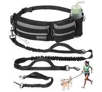 Heellpxi Hands-Free Waist Leash with Pouch for Two Dogs: Reflective Stitching, Dual Handle & Bungee Retractable Design - Ideal for Medium to Large Dogs (Grey) - Dog Walking Accessories