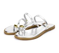 Heels Charm Women’s Flat Sandals Metal Toe Ring Slip On Sandals Round Open Toe Slide Sandals Flip Flop Thong Sandals Daily Casual Summer Beach Sandals Shoes, Silver, 6 UK