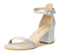 Heels Charm Women's Strappy Chunky Block Low Heeled Sandals 2 Inch Open Toe Ankle Strap High Heel Dress Sandals Daily Work Party Shoes, Sparkly Silver, 6 UK