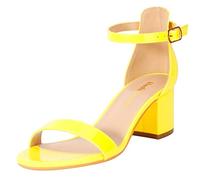Heels Charm Women's Strappy Chunky Block Low Heeled Sandals 2 Inch Open Toe Ankle Strap High Heel Dress Sandals Daily Work Party Shoes, Yellow Patent Leather, 5 UK