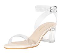 Heels Charm Women's Strappy Chunky Clear Block Low Heeled Sandals 2 Inches Open Toe Ankle Strap High Heel Dress Sandals Daily Work Party Sandal Shoes, Beige Patent Leather Clear, 6.5 UK