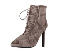 Heels Dance Class Bootie Sandals Women's High Heels Ankle Boots Lace-Up Sandals with Fish Mouth Dance Shoes Pumps Sexy Mesh Stiletto Lace-Up Sandals Elegant Women's Boots, khaki, 3.5 UK