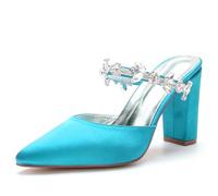 Heels for Women - Dress Shoes for Women Rhinestones Slip On Chunky Heels Low Heels Wedding Heels for Prom Party Bridal Pump Shoes Blue Green