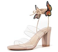 Heels for Women Pump Sandals with Butterfly Strappy Open Toe Lace Up High Wedding Heels Sandals Women Summer Slip On Dress Shoes for Party Wedding, Apricot, 6 UK