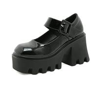 Heels for Women Round Toe Chunky High Heel Mary Jane Pumps Women's Leather Platform Mid Heel Dress Shoes,Black1,36 EU/5 US