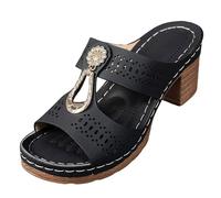 Heels for Women Wide Feet, Heeled Sandals for Women Summer Solid Slip On Casual Open Toe Square Heels Comfortable Beach Shoes Sandals Slippers (Black 5.5)