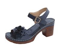Heels for Women Wide Feet - Women'S Sandals Summer Solid Flowers Buckle Strap Casual Open Toe Square Heels Comfortable Beach Shoes Sandals (Navy 5.5)