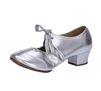 Heels for Women Womens Sandals Latin Dance Shoes Low Heel Women's Mid Salsa Tango Ballroom Party Outdoor Closed Toe Black Wedge Line Dancing Satin Open Bachata Practice Performance Silver Size 4.5