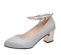 Heels Toe Wedding Women Solid High Thick Fashion Shoe Work Round Women High Heels Women's Shoes Slippers, silver, 5 UK
