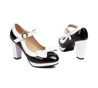 Heels Women Mary Shoes Bow Platform Chunky Heel Wingtip Square Toe Black