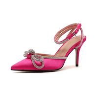 Heels Women Pumps Satin Heel Shoes Women Sandals Rhinestone Bow-Knot High Heeled Sandal Female-A98-6-Rose red,35