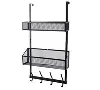 HEEPDD Adjustable Over The Door Organizer Hooks 2 Mesh Baskets 50 Lbs Capacity Carbon Steel Hanger Rack with Coat Hooks PVC Padded for Bathroom Bedroom Kitchen Office (Black)